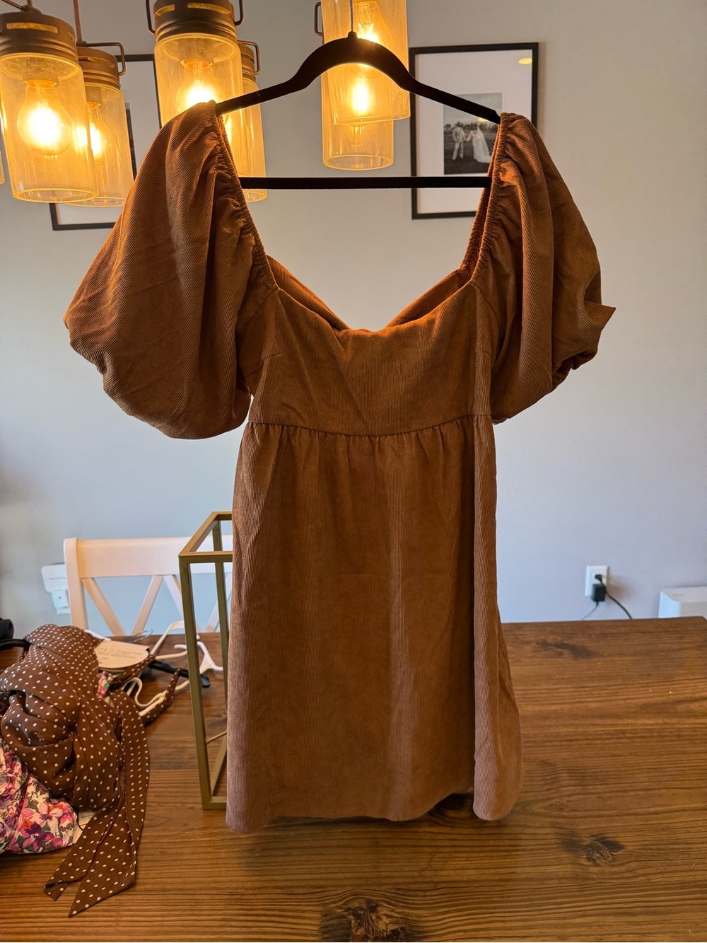 Brown Puff-Sleeve Mini Dress